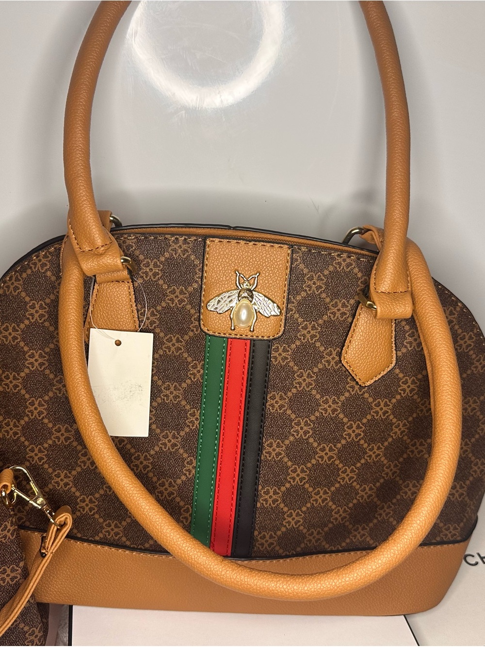 Women's Brown Bee-Accent Dome Satchel with Tricolor Stripe